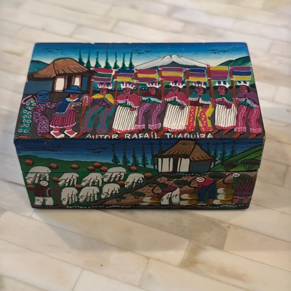 Vintage Equador Hand Painted Folk Art Hinged Blue Muti Trinket Box